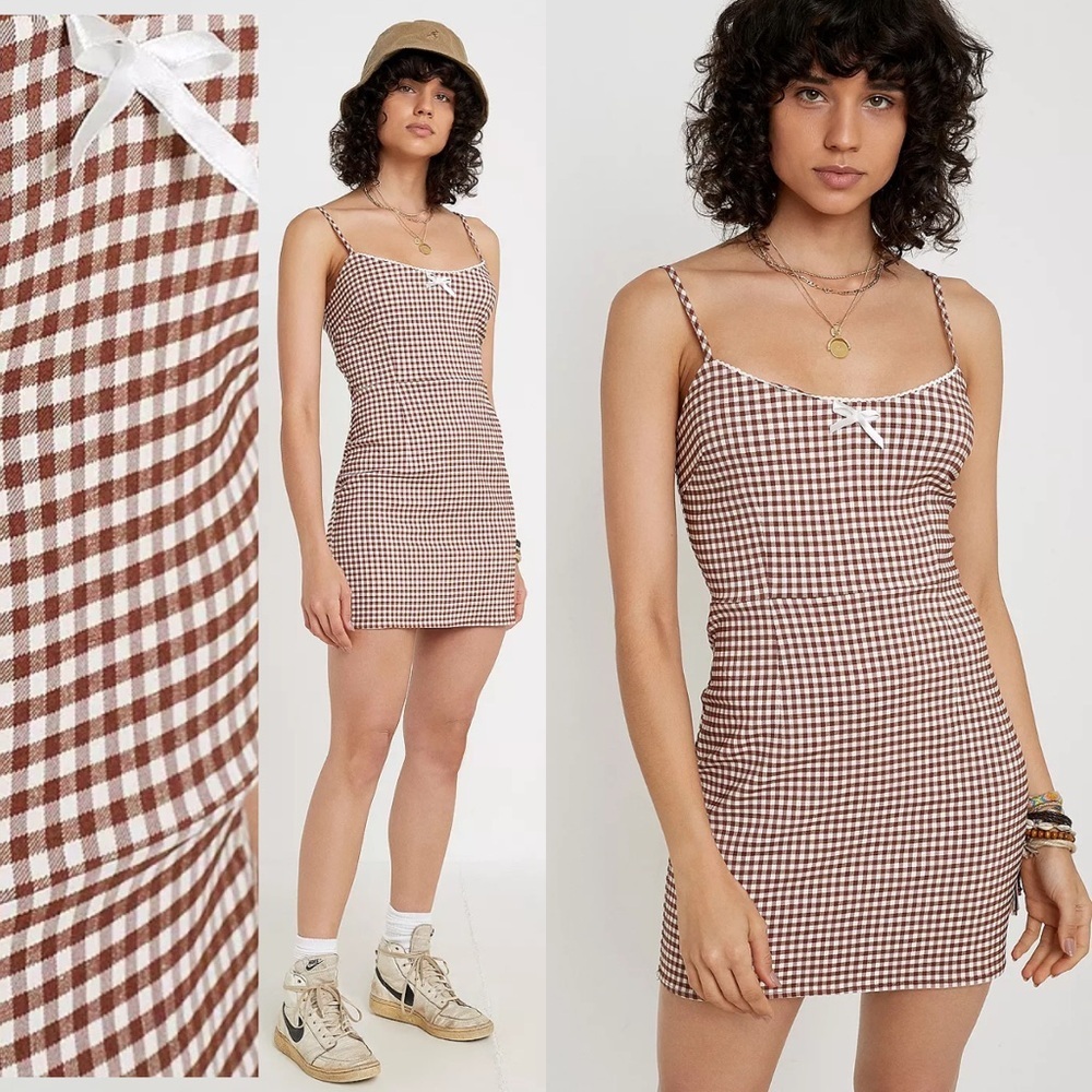 UO Gingham Brown Mini Dress Coquette Cottagecore Festival Outhold Boho Hipster L